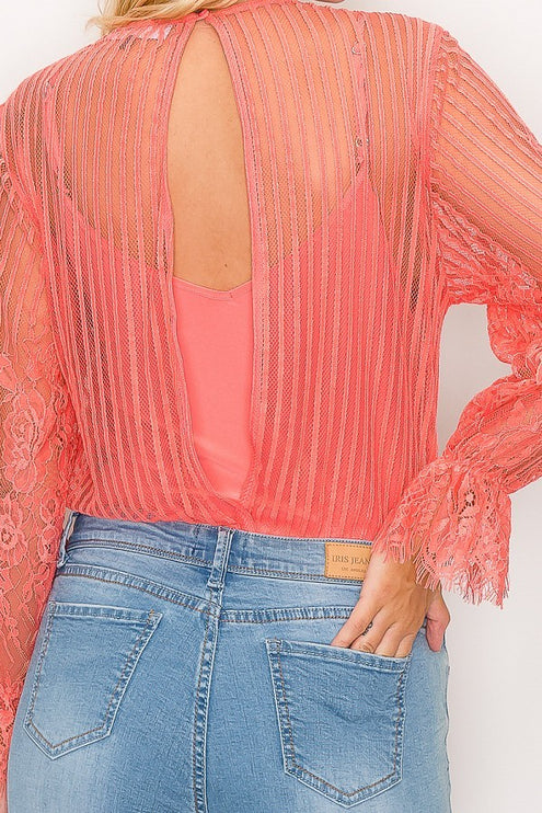Elegant Long Sleeve Lace Trim Shadow Stripe Bodysuit