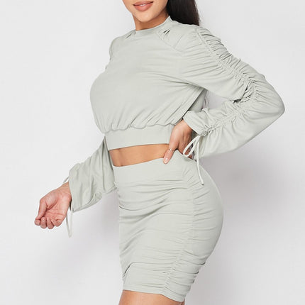 Chic Stylish Ruched Long Sleeve Crop Top And Skirt Set