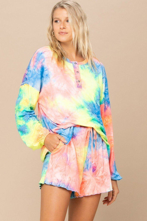 Vibrant Neon Tie-dye Printed Knit Top And Shorts Set
