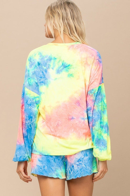 Vibrant Neon Tie-dye Printed Knit Top And Shorts Set