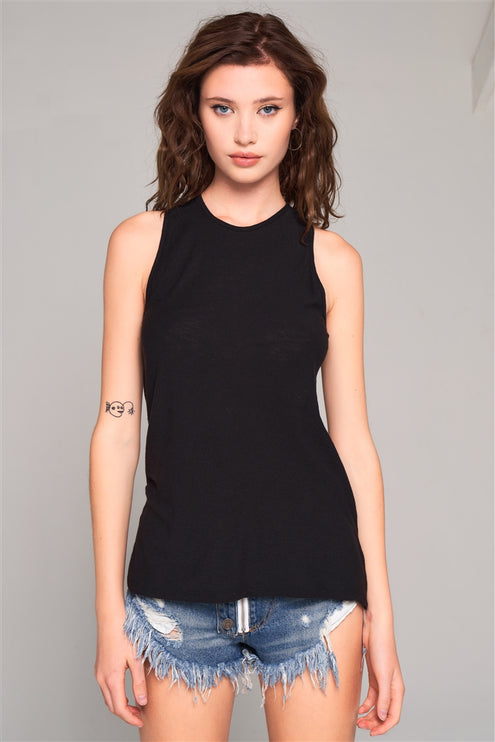 Modern Stylish Sleeveless Crew Neck Longline Top Cut-out Back Detail