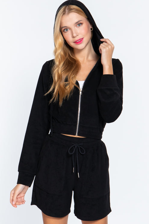 Cropped Hoodie Terry Towelling Jacket with Drawstring and Zip Closure