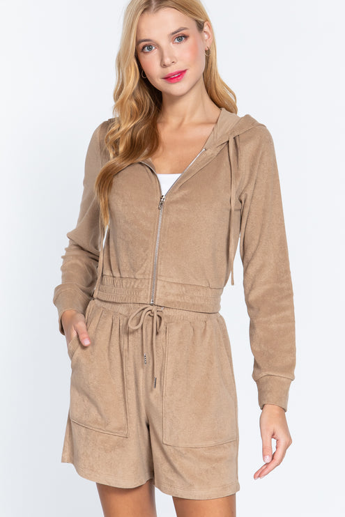 Cropped Hoodie Terry Towelling Jacket with Drawstring and Zip Closure
