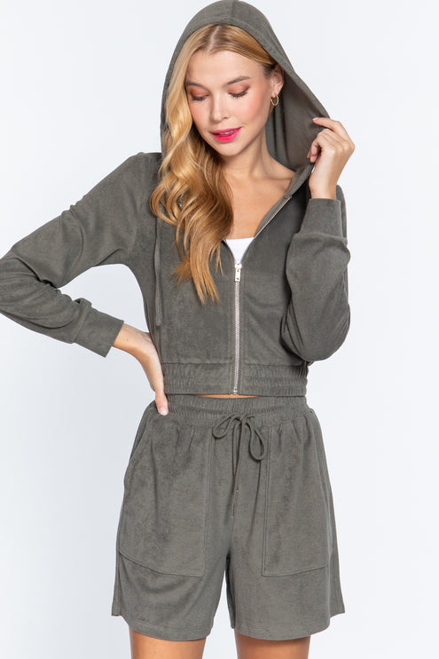 Cropped Hoodie Terry Towelling Jacket with Drawstring and Zip Closure