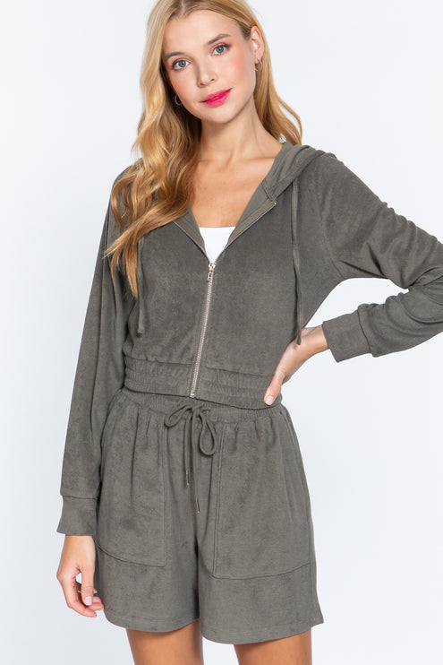 Cropped Hoodie Terry Towelling Jacket with Drawstring and Zip Closure
