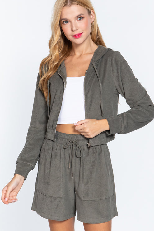 Cropped Hoodie Terry Towelling Jacket with Drawstring and Zip Closure