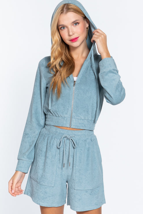 Cropped Hoodie Terry Towelling Jacket with Drawstring and Zip Closure