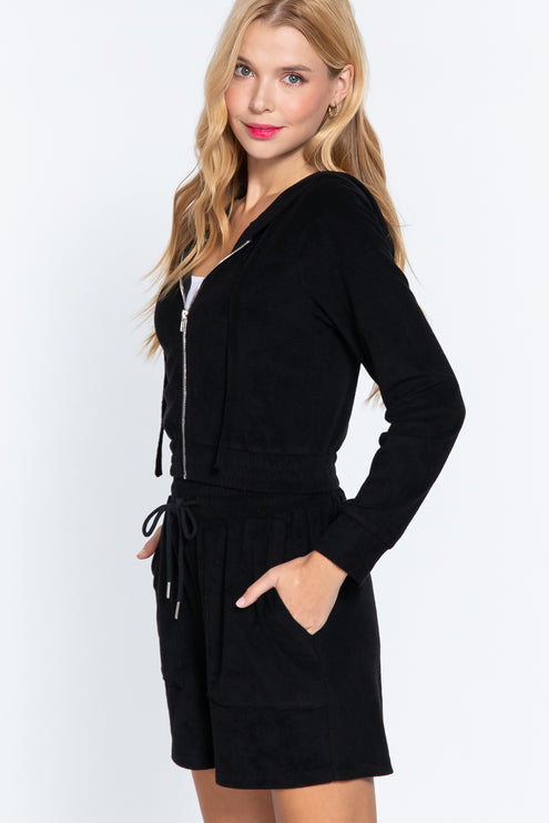 Cropped Hoodie Terry Towelling Jacket with Drawstring and Zip Closure