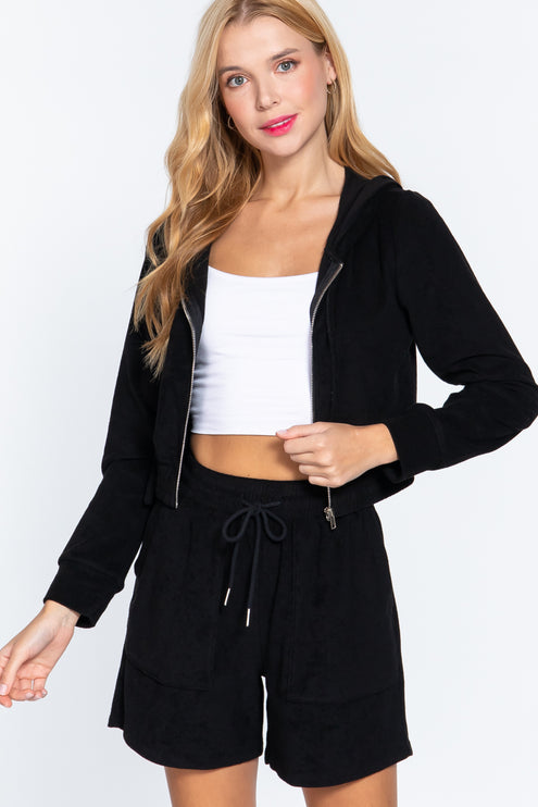Cropped Hoodie Terry Towelling Jacket with Drawstring and Zip Closure