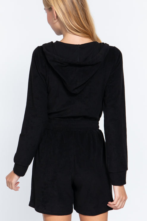 Cropped Hoodie Terry Towelling Jacket with Drawstring and Zip Closure