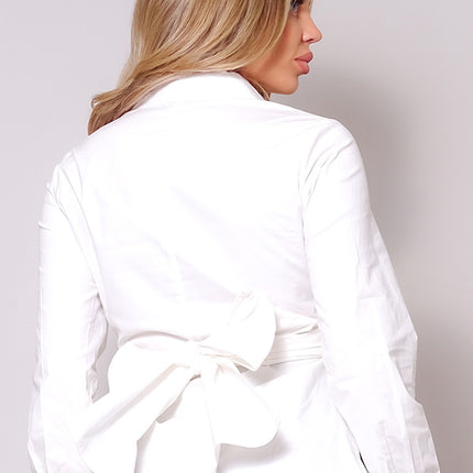 White Long Sleeve Cross Front Tie Back Button-Down Cropped Shirt