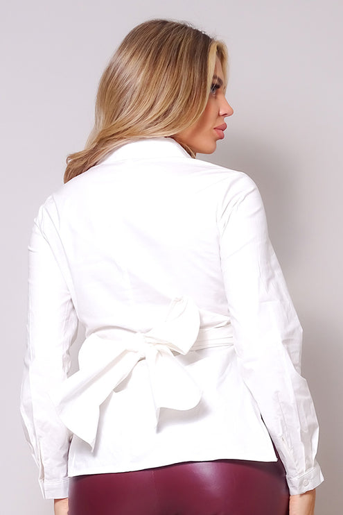 White Long Sleeve Cross Front Tie Back Button-Down Cropped Shirt