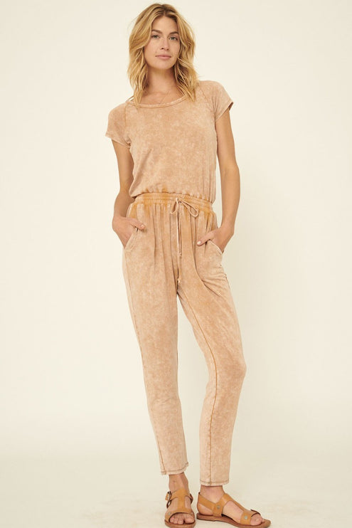 Relaxed Mineral Washed Knit Jumpsuit with Drawstring Waist