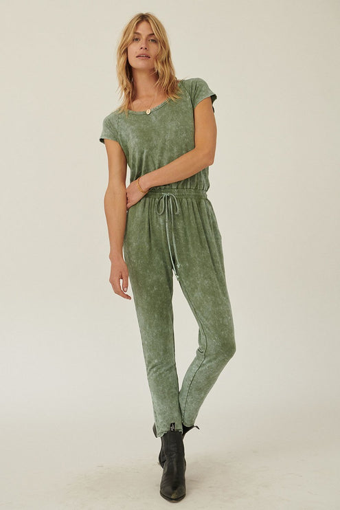Relaxed Mineral Washed Knit Jumpsuit with Drawstring Waist