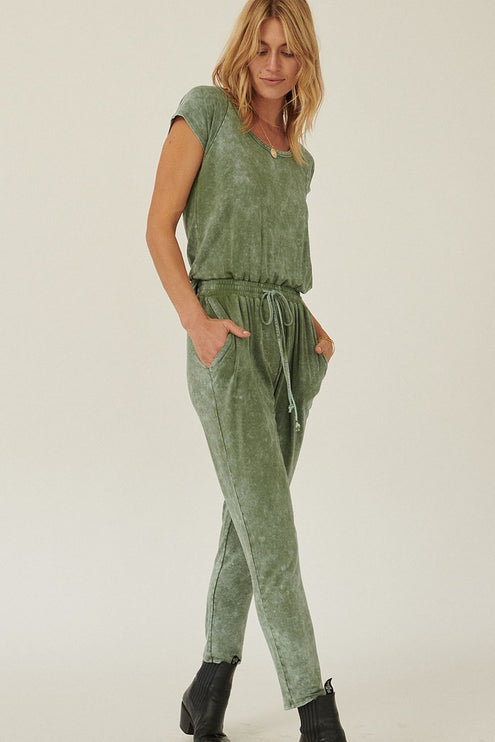 Relaxed Mineral Washed Knit Jumpsuit with Drawstring Waist
