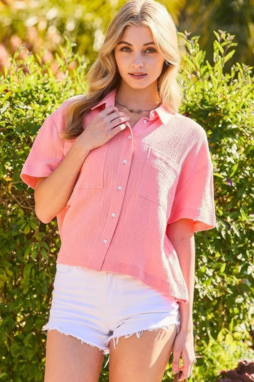 Classic Coral Cotton Gauze Button Down Shirt with Front Pockets