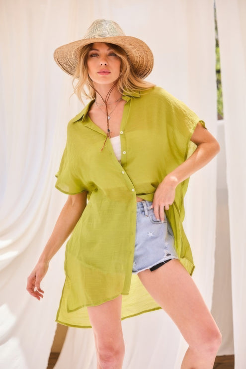 Lightweight Oversized Button-Down Shirt Jacket with Collar - Accessoriesforever