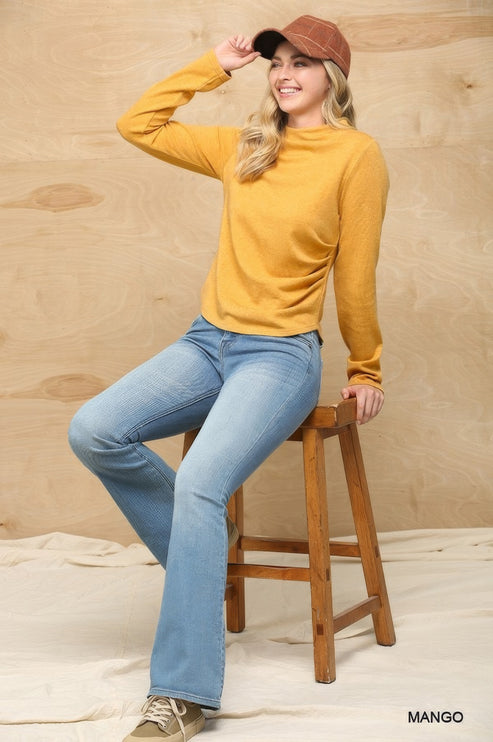 Soft Knit Mock Neck Long Sleeve Top with Side Ruched Detail