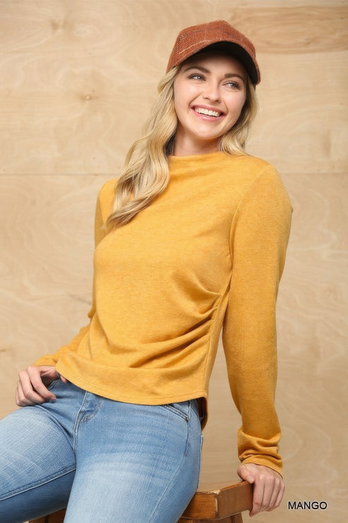 Soft Knit Mock Neck Long Sleeve Top with Side Ruched Detail - Accessoriesforever