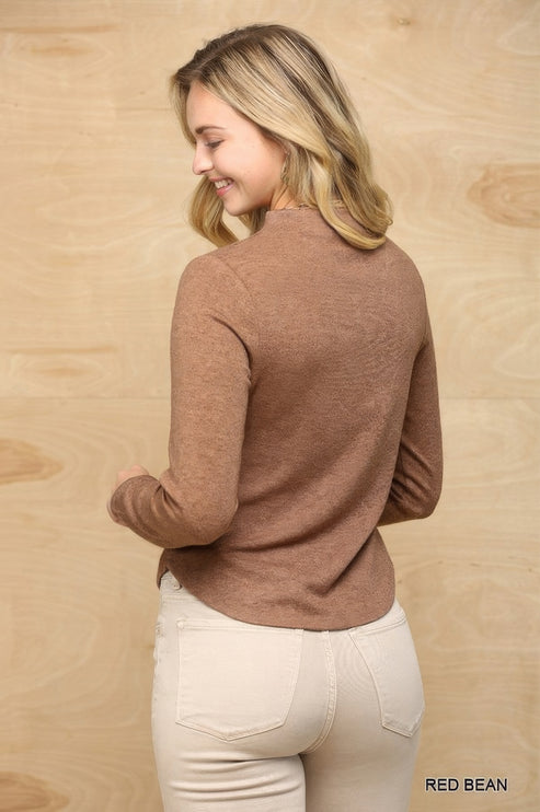 Soft Knit Mock Neck Long Sleeve Top with Side Ruched Detail - Accessoriesforever