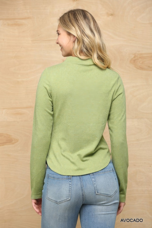 Soft Knit Mock Neck Long Sleeve Top with Side Ruched Detail