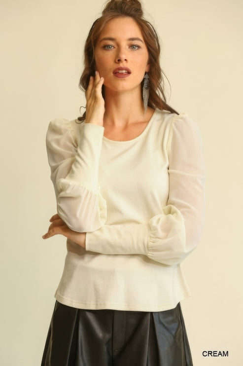 Soft Knit and Chiffon Mixed Top with Puff Long Sleeves