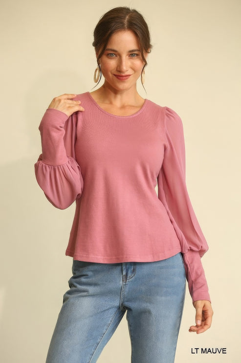 Soft Knit and Chiffon Mixed Top with Puff Long Sleeves