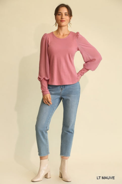 Soft Knit and Chiffon Mixed Top with Puff Long Sleeves