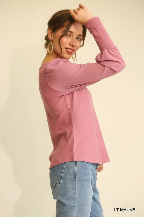 Soft Knit and Chiffon Mixed Top with Puff Long Sleeves - Accessoriesforever
