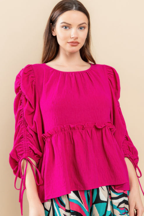 Babydoll Top with Ruched Puff Sleeves & Ruffle Hem - Accessoriesforever