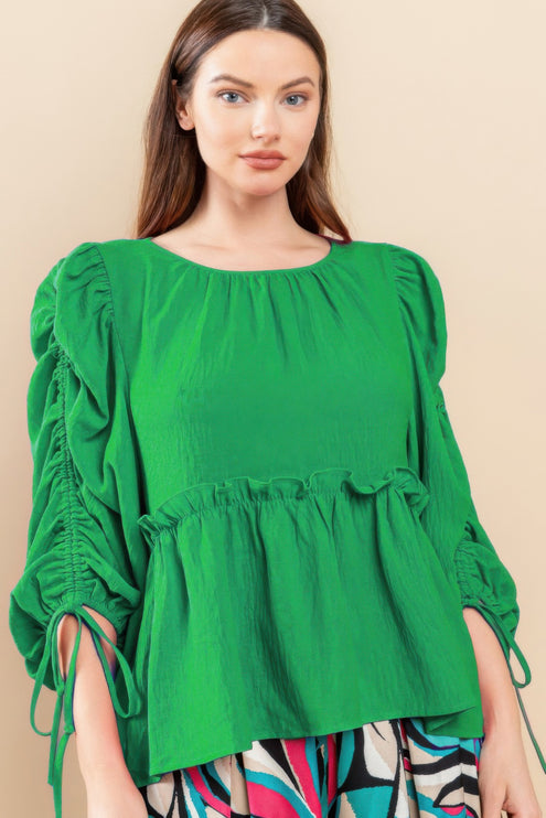 Babydoll Top with Ruched Puff Sleeves & Ruffle Hem - Accessoriesforever