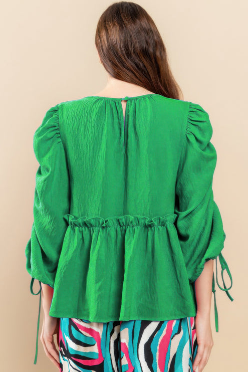 Babydoll Top with Ruched Puff Sleeves & Ruffle Hem - Accessoriesforever