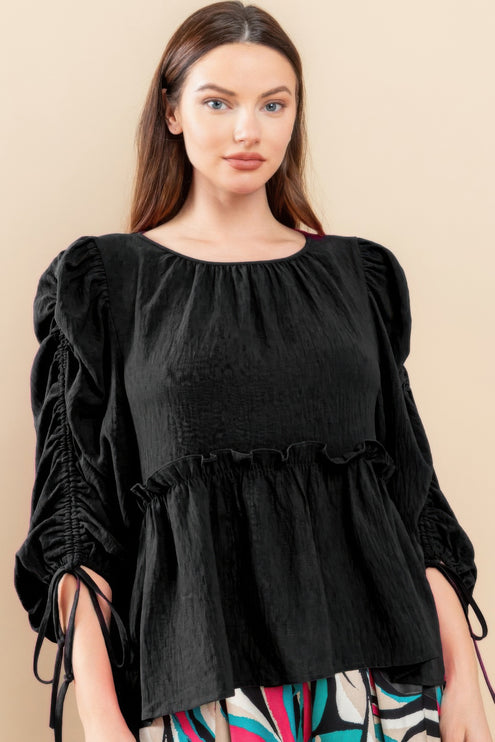 Babydoll Top with Ruched Puff Sleeves & Ruffle Hem - Accessoriesforever