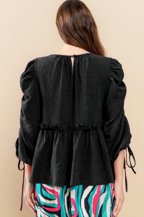 Babydoll Top with Ruched Puff Sleeves & Ruffle Hem - Accessoriesforever