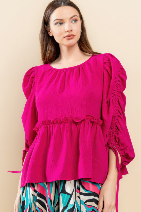 Babydoll Top with Ruched Puff Sleeves & Ruffle Hem - Accessoriesforever
