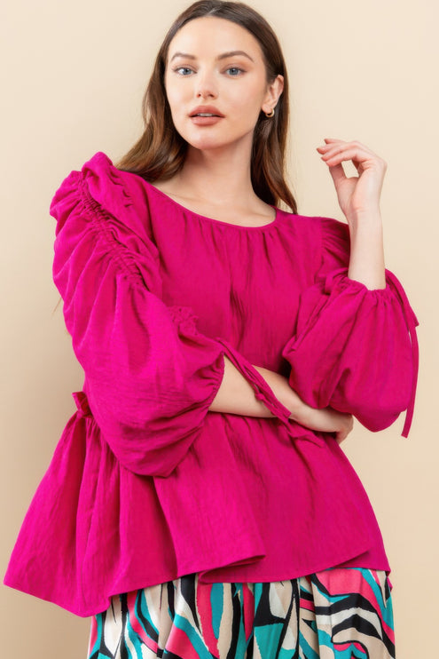 Babydoll Top with Ruched Puff Sleeves & Ruffle Hem - Accessoriesforever