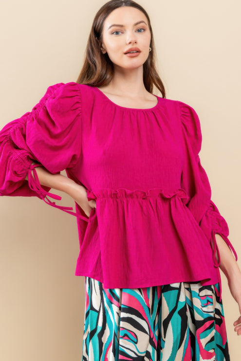 Babydoll Top with Ruched Puff Sleeves & Ruffle Hem - Accessoriesforever