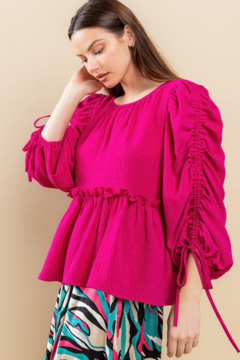 Babydoll Top with Ruched Puff Sleeves & Ruffle Hem - Accessoriesforever