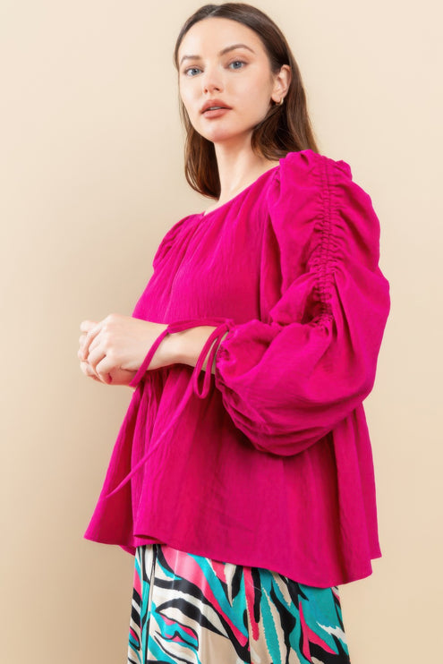 Babydoll Top with Ruched Puff Sleeves & Ruffle Hem - Accessoriesforever