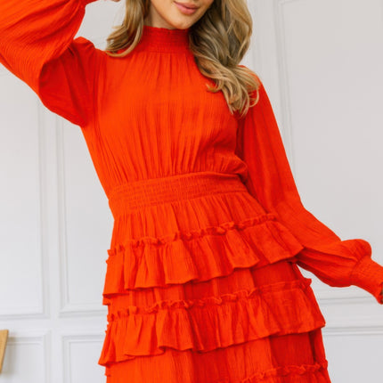 Long Sleeve Smocked Neck Tiered Ruffle Mini Dress