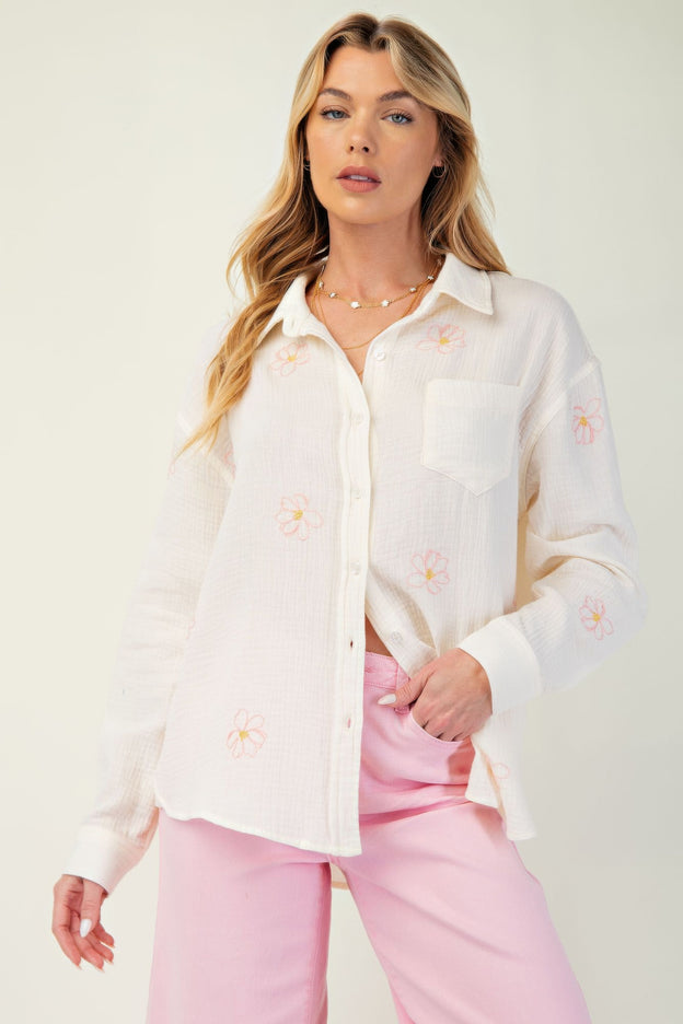 Embroidered Cotton Gauze Button-Down Shirt with Floral Details - Accessoriesforever