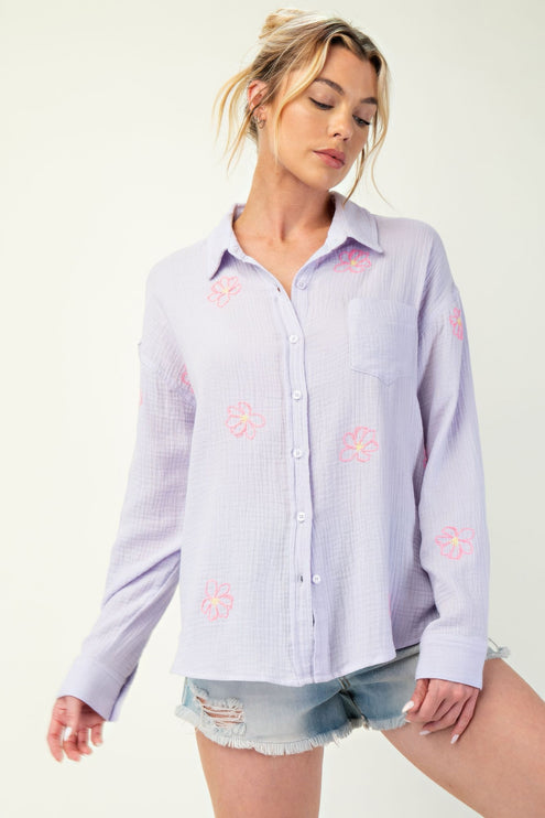 Embroidered Cotton Gauze Button-Down Shirt with Floral Details - Accessoriesforever