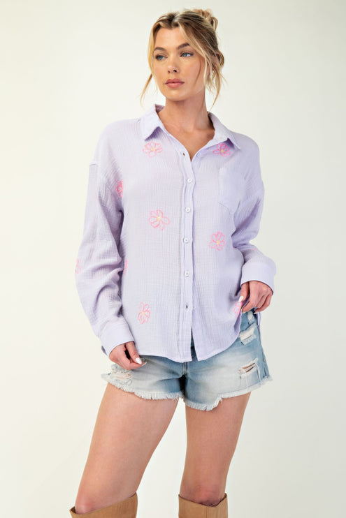 Embroidered Cotton Gauze Button-Down Shirt with Floral Details - Accessoriesforever
