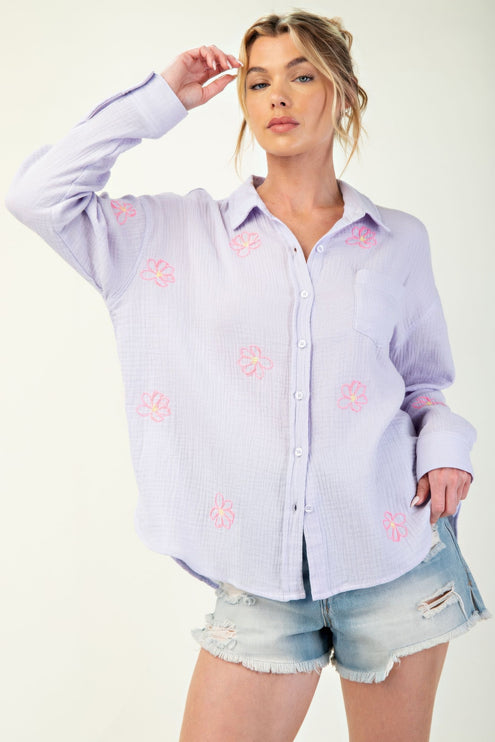 Embroidered Cotton Gauze Button-Down Shirt with Floral Details - Accessoriesforever