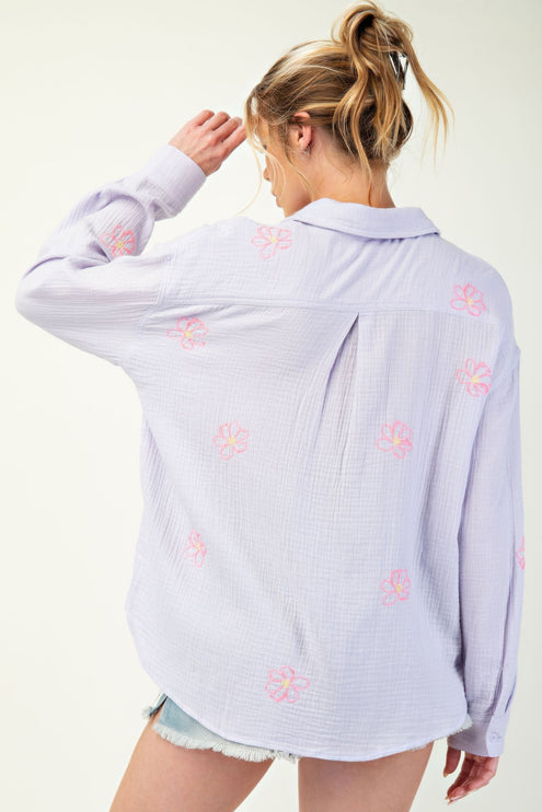 Embroidered Cotton Gauze Button-Down Shirt with Floral Details - Accessoriesforever
