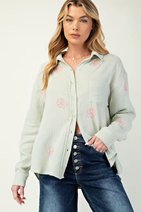 Embroidered Cotton Gauze Button-Down Shirt with Floral Details - Accessoriesforever