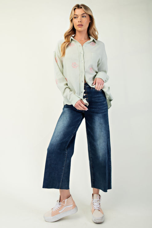 Embroidered Cotton Gauze Button-Down Shirt with Floral Details - Accessoriesforever