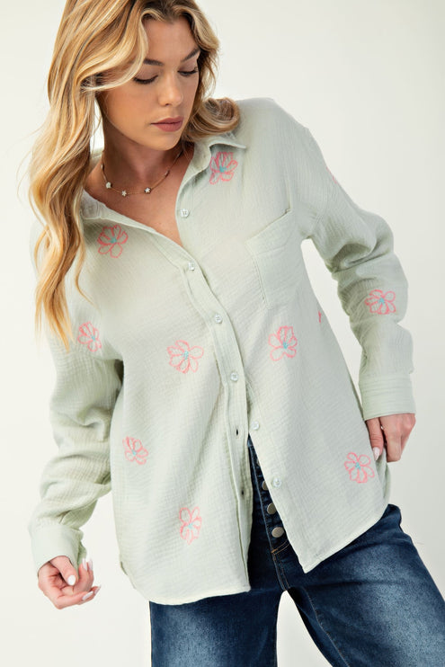 Embroidered Cotton Gauze Button-Down Shirt with Floral Details - Accessoriesforever