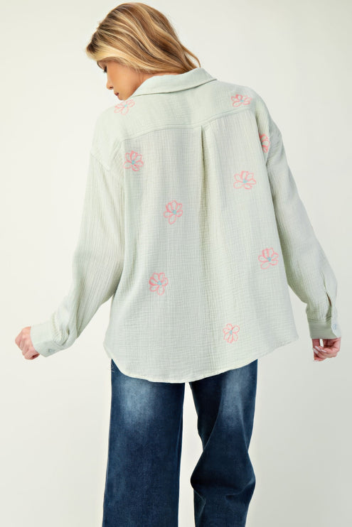 Embroidered Cotton Gauze Button-Down Shirt with Floral Details - Accessoriesforever