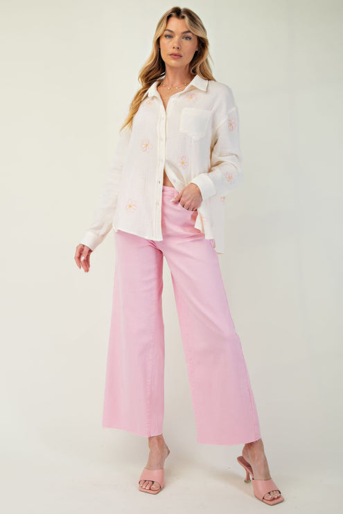 Embroidered Cotton Gauze Button-Down Shirt with Floral Details - Accessoriesforever